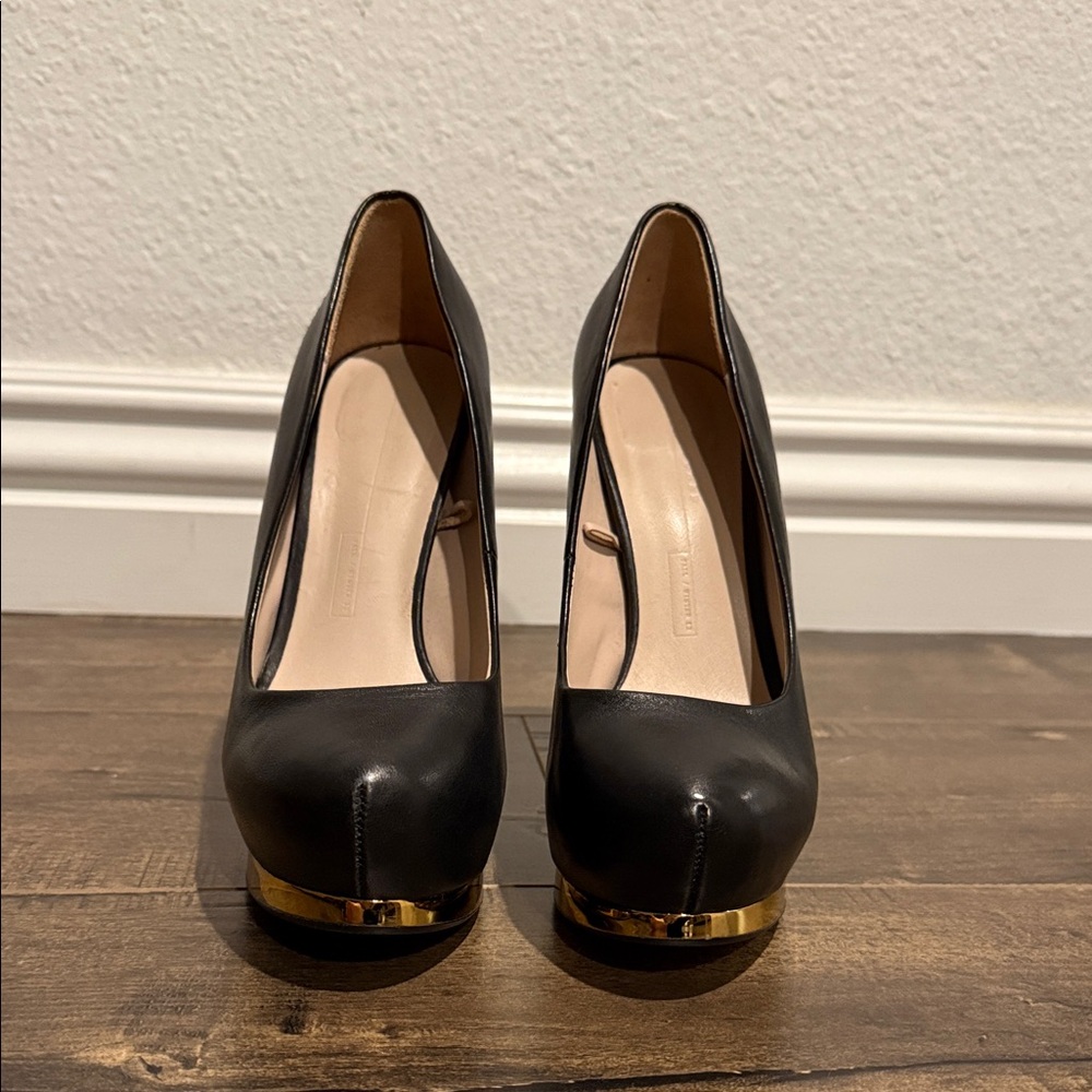 Zara Elegant Black Leather Heels with Gold Accent
